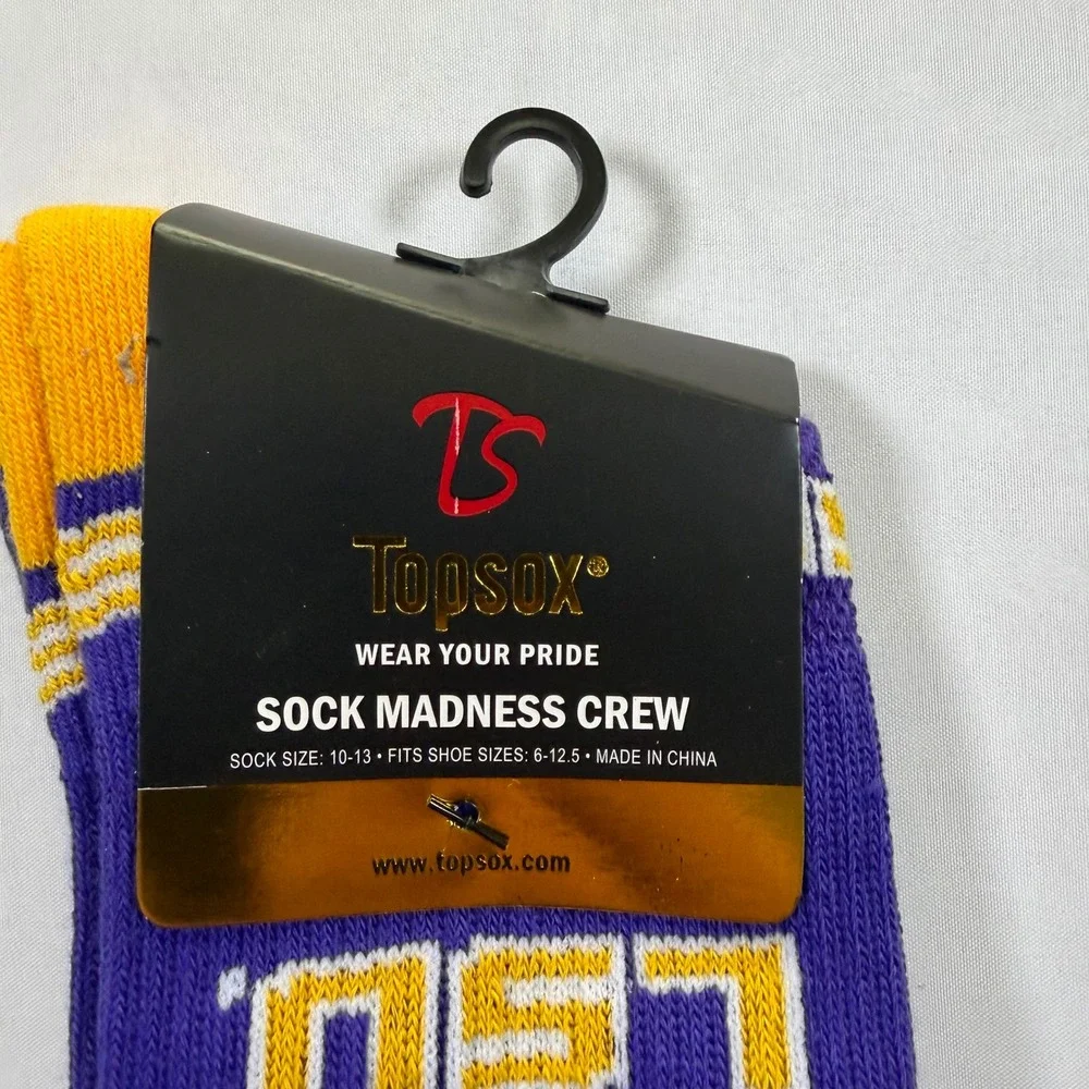 Topsox LSU Tigers Sock Madness Crew Purple Gold Athletic Socks Mens 6-12.5 NEW